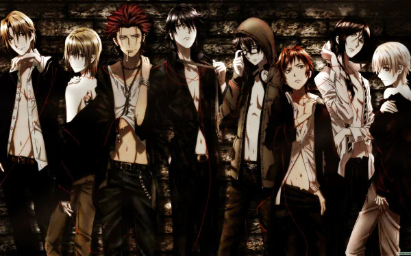 An HD wallpaper featuring characters from the anime K Project: Saruhiko Fushimi, Izumo Kusanagi, Tatara Totsuka, Mikoto Suoh, Reisi Munakata, Misaki Yata, Kuroh Yatogami, and Yashiro Isana.