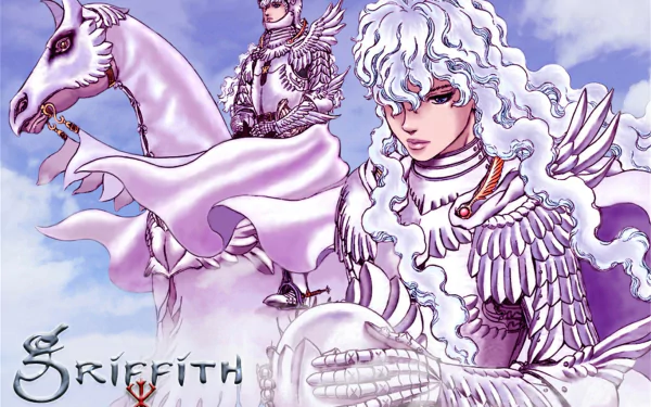 HD PC desktop wallpaper featuring Griffith from the anime Berserk, showcasing detailed armor and a white horse against a vibrant sky backdrop.