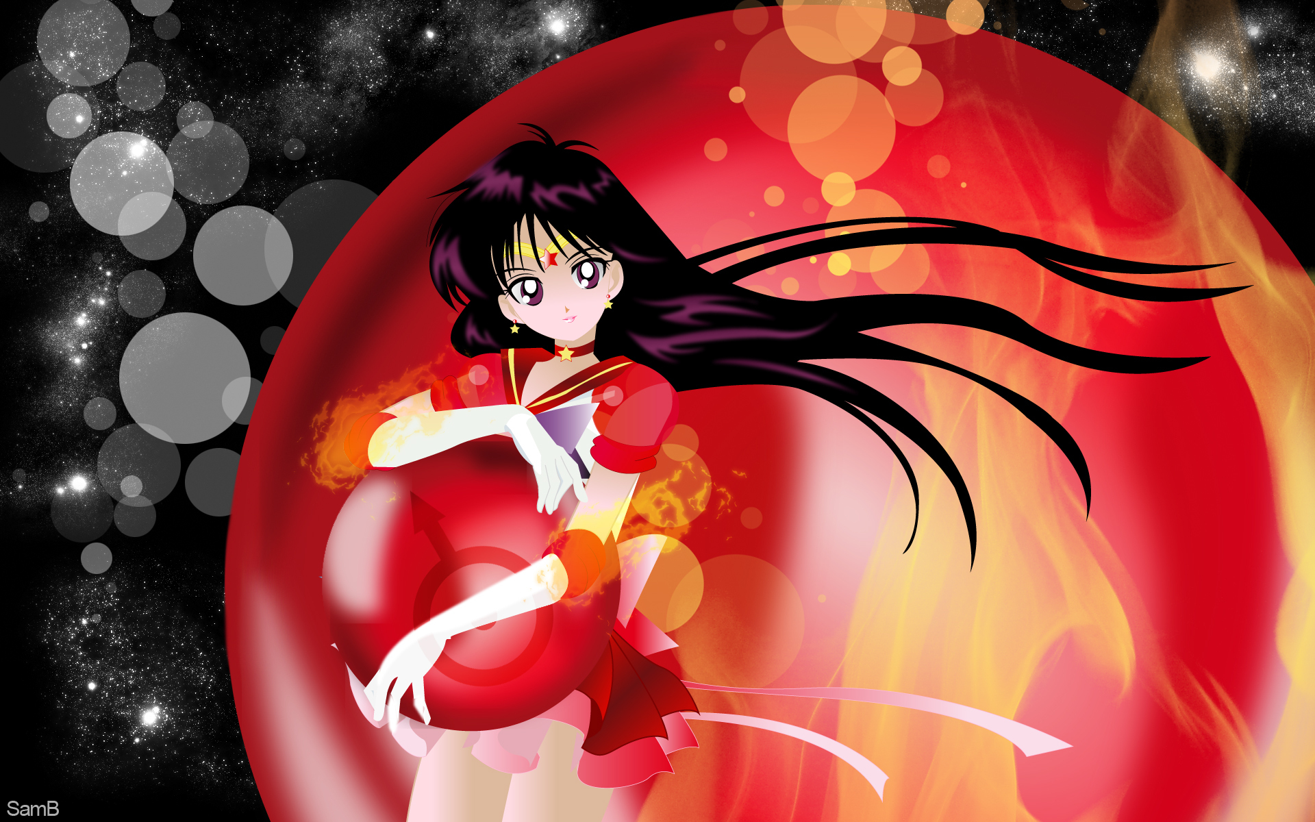 A vibrant HD desktop wallpaper featuring an anime character from Sailor Moon, standing gracefully in front of a glowing red orb with a cosmic background.