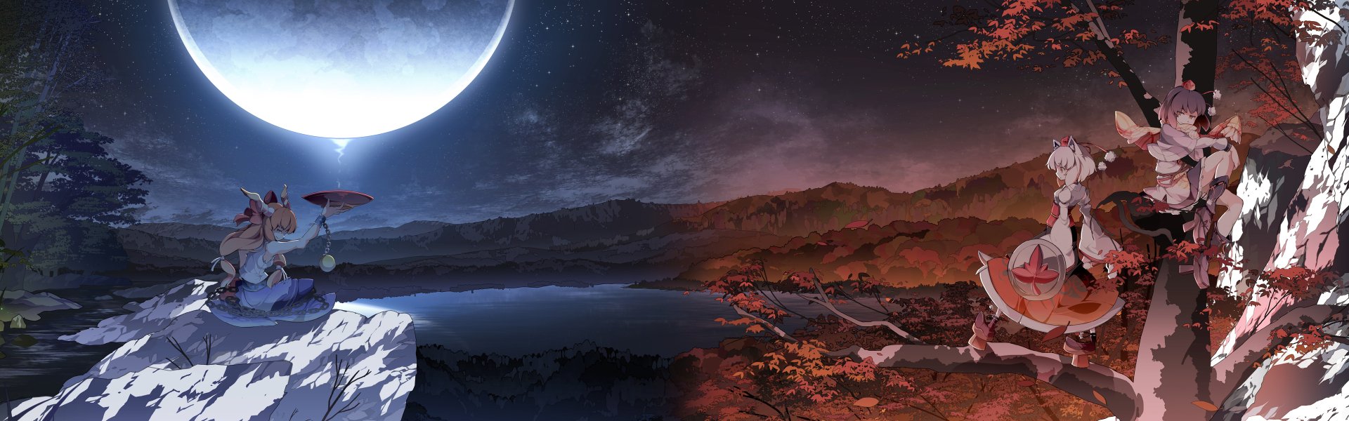 HD PC desktop wallpaper featuring Suika Ibuki from the Touhou anime series, set against a serene night landscape with a large moon and autumn foliage.