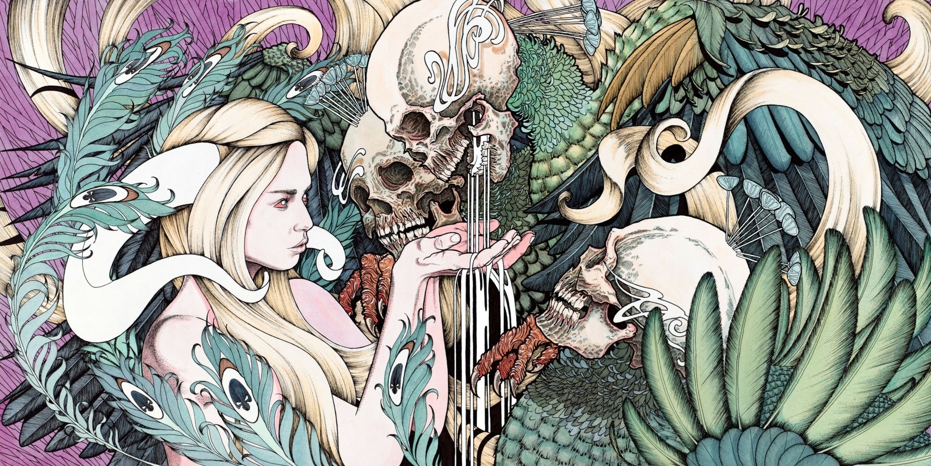 A fantasy-themed HD wallpaper featuring a woman with long hair, entwined with vibrant foliage and skulls, creating a striking and ethereal atmosphere.
