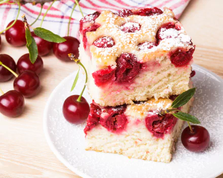 A delicious cherry pastry stacked on a plate, surrounded by fresh cherries, showcasing a tempting dessert that's visually appealing as a 4K Ultra HD desktop wallpaper.