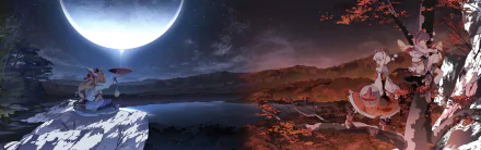 HD PC desktop wallpaper featuring Suika Ibuki from the Touhou anime series, set against a serene night landscape with a large moon and autumn foliage.