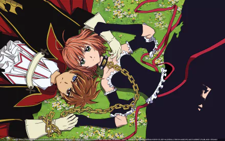HD PC desktop wallpaper from the anime Tsubasa: Reservoir Chronicle — Syaoran and Sakura lie on grass, hands linked, bound by chains and a trailing red ribbon.