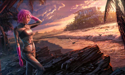 A striking HD fantasy and sci-fi wallpaper featuring a woman with pink hair, standing on a rocky shore, gazing at a distant house against a vibrant sunset backdrop.