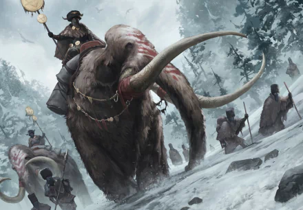 A majestic mammoth creature strides through a snowy landscape, with a rider atop and figures in the background, creating a captivating fantasy scene for a desktop wallpaper.