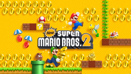 HD PC desktop wallpaper featuring vibrant New Super Mario Bros. 2 gameplay with Mario, Luigi, coins, and classic platform elements on a bright yellow background.