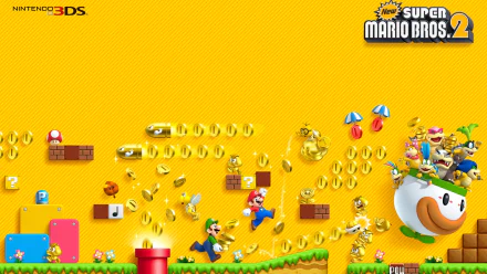 HD PC desktop wallpaper for the video game New Super Mario Bros. 2: Mario, Luigi and friends collecting coins and power-ups across bright yellow platforms and blocks.