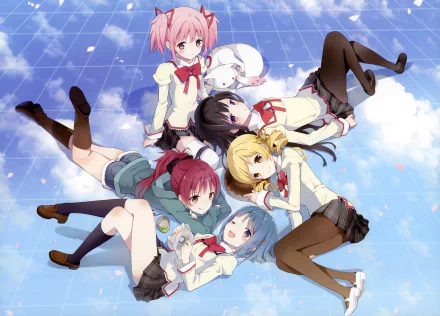 4K Ultra HD wallpaper featuring Kyuubey, Sayaka Miki, Homura Akemi, Kyōko Sakura, Madoka Kaname, and Mami Tomoe from the anime Puella Magi Madoka Magica against a blue sky.