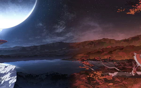 HD PC desktop wallpaper featuring Suika Ibuki from the Touhou anime series, set against a serene night landscape with a large moon and autumn foliage.