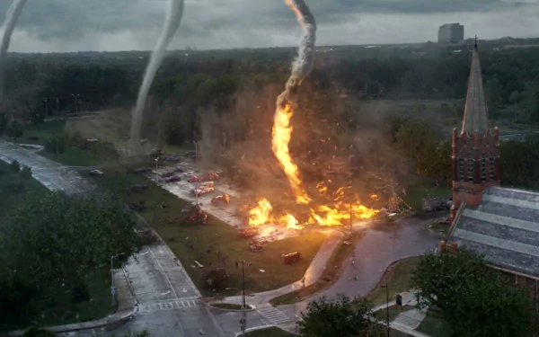 HD desktop wallpaper from the movie Into the Storm, depicting a destructive tornado with fire engulfing a church and surrounding area during a fierce storm.