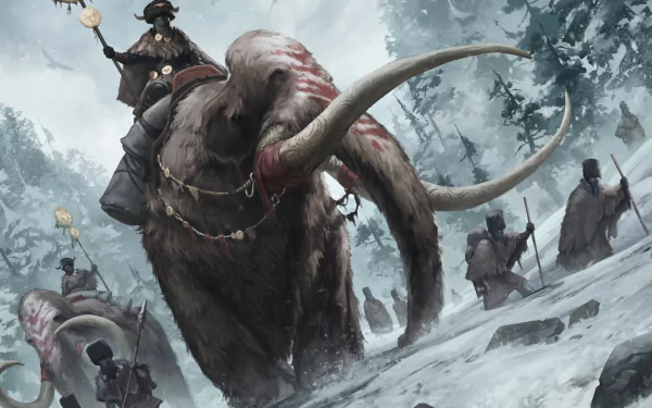 A majestic mammoth creature strides through a snowy landscape, with a rider atop and figures in the background, creating a captivating fantasy scene for a desktop wallpaper.