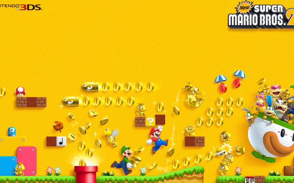 HD PC desktop wallpaper for the video game New Super Mario Bros. 2: Mario, Luigi and friends collecting coins and power-ups across bright yellow platforms and blocks.