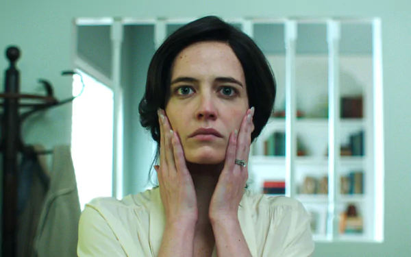 HD PC desktop wallpaper featuring Eva Green from the movie White Bird in a Blizzard, showing a close-up of her contemplative expression.