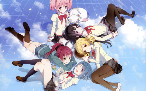 4K Ultra HD wallpaper featuring Kyuubey, Sayaka Miki, Homura Akemi, Kyōko Sakura, Madoka Kaname, and Mami Tomoe from the anime Puella Magi Madoka Magica against a blue sky.