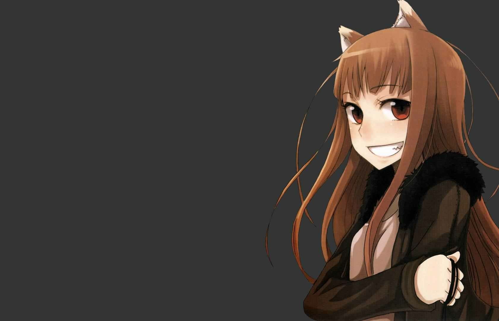 HD anime wallpaper featuring a character from Spice and Wolf with long brown hair, wolf ears, and a confident smile against a dark background.