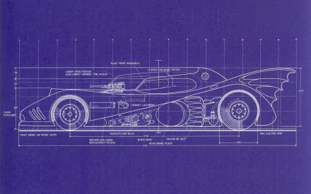 HD PC desktop wallpaper: comic-style white schematic blueprint of the Batmobile on a blue background, side view with technical measurements and Bat-symbol details.