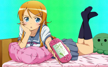 HD anime desktop wallpaper featuring Kirino Kousaka from Oreimo, lying on a bed holding a pink handheld gaming console against a green background.