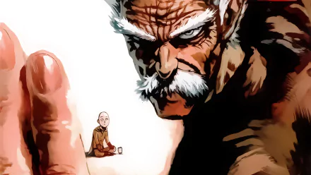 HD desktop wallpaper featuring an intense moment between Bang and Saitama from One-Punch Man. Bang is depicted with white hair and angry white eyes, while Saitama sits calmly in the background.