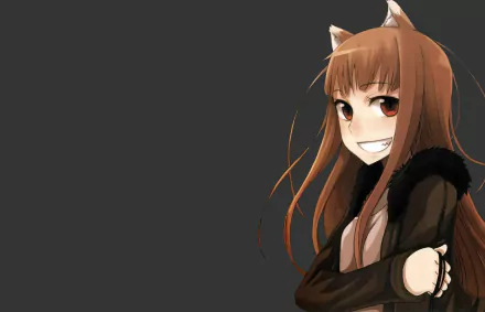 HD anime wallpaper featuring a character from Spice and Wolf with long brown hair, wolf ears, and a confident smile against a dark background.