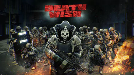A thrilling HD desktop wallpaper from Payday 2, featuring a masked character commanding a group of armed soldiers amidst dramatic flames and the bold text Death Wish.
