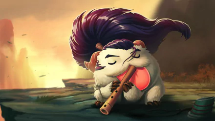 HD desktop wallpaper featuring a cute poro from League of Legends, styled with Yasuo's hair, peacefully playing a flute in a serene landscape.