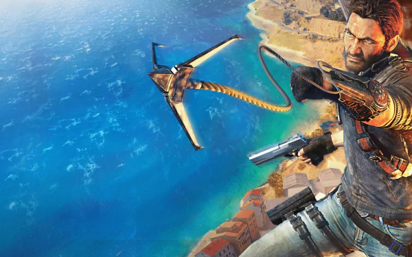 HD PC desktop wallpaper featuring Rico Rodriguez from the video game Just Cause 3, mid-action with a grappling hook against a coastal backdrop.
