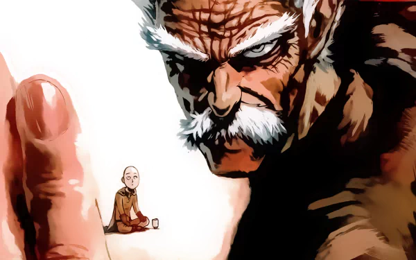 HD desktop wallpaper featuring an intense moment between Bang and Saitama from One-Punch Man. Bang is depicted with white hair and angry white eyes, while Saitama sits calmly in the background.