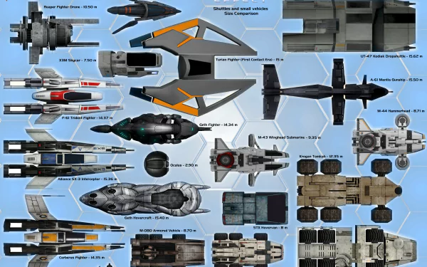 8K Ultra HD PC desktop wallpaper background: video game Mass Effect–inspired blueprint sheet of starships, vehicles and futuristic tech parts laid out on a blue grid.