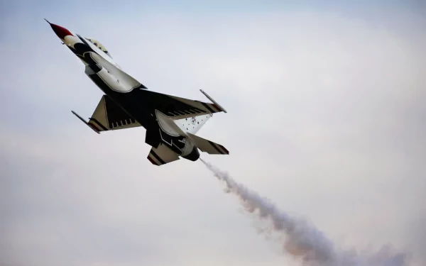 US Air Force Thunderbirds F-16 jet fighter climbing with smoke trail against pale sky — military aircraft 2K Quad HD PC desktop background.