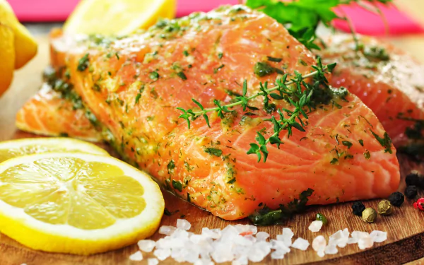 A vibrant HD wallpaper featuring fresh salmon fillets garnished with herbs, accompanied by lemon slices and sea salt, showcasing a delicious food aesthetic.