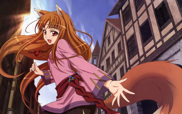 A vibrant 4K Ultra HD wallpaper featuring Holo from Spice and Wolf, a spirited wolf deity with striking features, set against a charming medieval town backdrop.