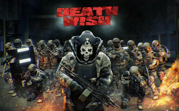 A thrilling HD desktop wallpaper from Payday 2, featuring a masked character commanding a group of armed soldiers amidst dramatic flames and the bold text Death Wish.