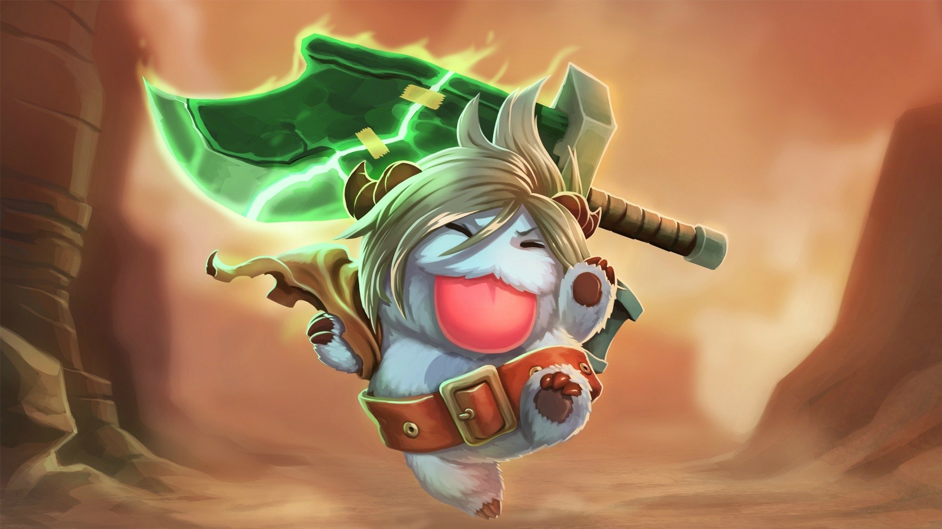 HD desktop wallpaper featuring Poro holding Riven's glowing green blade from League of Legends in a dynamic video game-inspired scene.
