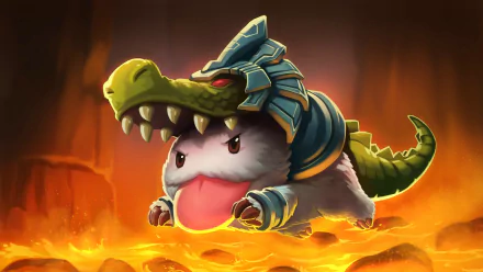 A vibrant HD wallpaper featuring Poro, a cute creature from League of Legends, playfully styled as Renekton, amidst a fiery background, capturing the essence of the game.