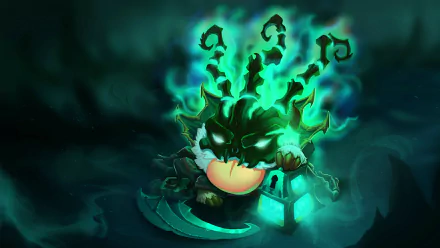 HD desktop wallpaper featuring Thresh from League of Legends with a mystical, green flame aura, holding a lantern and paired with an adorable poro.