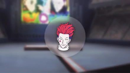 HD desktop wallpaper featuring Hisoka from the anime Hunter × Hunter, with a vibrant red background. Hisoka's mischievous expression and distinctive red hair stand out prominently in the center.