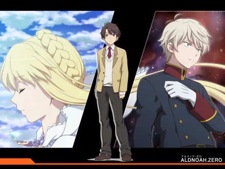 HD PC desktop wallpaper featuring Slaine Troyard, Inaho Kaizuka, and Asseylum Vers Allusia from the anime Aldnoah.Zero in dynamic poses against contrasting backgrounds.