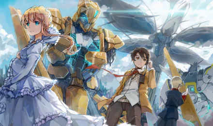 Anime characters Slaine Troyard, Inaho Kaizuka, and Asseylum Vers Allusia pose alongside a golden mech in this vibrant HD wallpaper from Aldnoah.Zero, set against a dramatic sky.