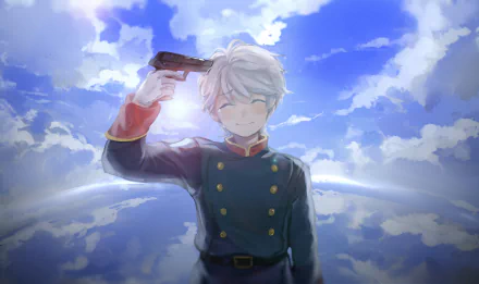 HD PC desktop wallpaper featuring Slaine Troyard from the anime Aldnoah.Zero, set against a dramatic sky with clouds and a glowing horizon.