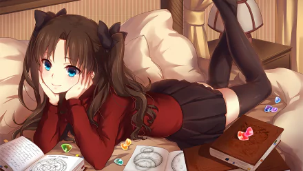A vibrant HD wallpaper featuring Rin Tohsaka from the anime Fate/Stay Night, lounging comfortably with books and colorful gems scattered around her.