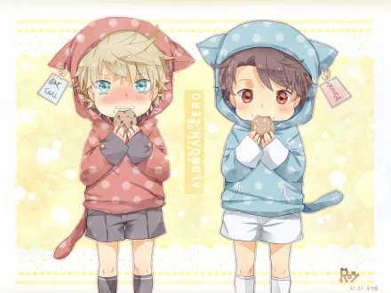 Chibi-style Slaine Troyard and Inaho Kaizuka from the anime Aldnoah.Zero dressed in cat-themed hoodies, holding snacks in a colorful HD desktop wallpaper.
