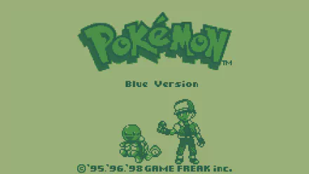 4K Ultra HD PC wallpaper of the Pokémon Red & Blue video game — pixel-art Blue Version title screen showing trainer Red and Squirtle in vintage Game Boy green tones.