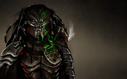 HD desktop wallpaper featuring a menacing sci-fi alien predator with glowing green symbols on its armor, set against a dark, eerie background.