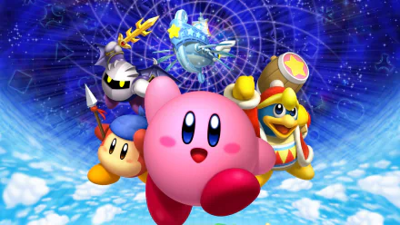 HD PC desktop wallpaper featuring Kirby and friends from the video game Kirby's Return to Dream Land in a vibrant cosmic background.