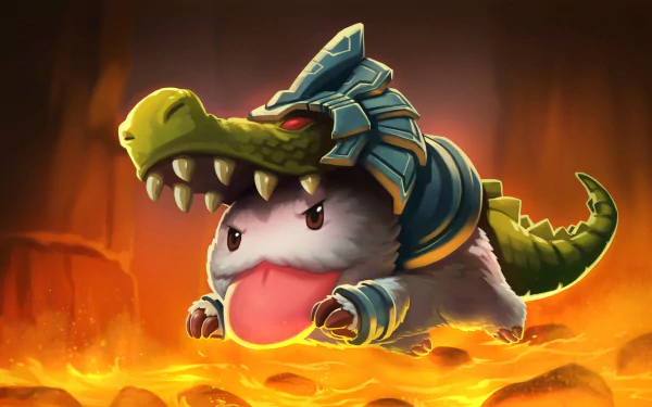 A vibrant HD wallpaper featuring Poro, a cute creature from League of Legends, playfully styled as Renekton, amidst a fiery background, capturing the essence of the game.