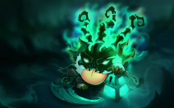 HD desktop wallpaper featuring Thresh from League of Legends with a mystical, green flame aura, holding a lantern and paired with an adorable poro.