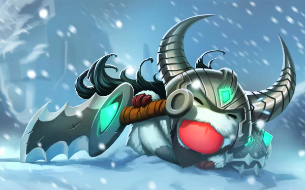 A playful Poro dressed as Tryndamere lies in the snow, showcasing its fierce armor and axe, set against a serene winter landscape from League of Legends, in vibrant HD detail.