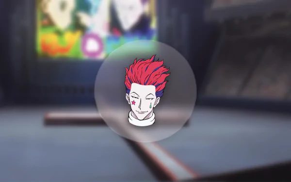 HD desktop wallpaper featuring Hisoka from the anime Hunter × Hunter, with a vibrant red background. Hisoka's mischievous expression and distinctive red hair stand out prominently in the center.