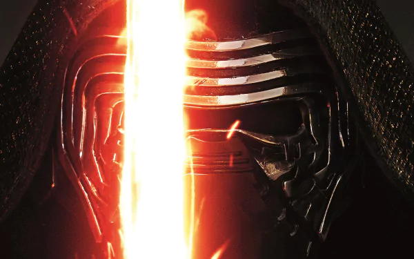 HD wallpaper featuring Kylo Ren from Star Wars Episode VII: The Force Awakens, with a striking close-up of his helmet and red lightsaber in the foreground.